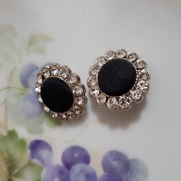VINTAGE Pair of Black material covered button surrounded by clear rhinestones - Picture 2 of 6